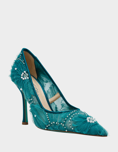 Betsey Johnson Latest | ROXIE EMERALD Pointed-Toe Mesh Stiletto Pump Women's Heel