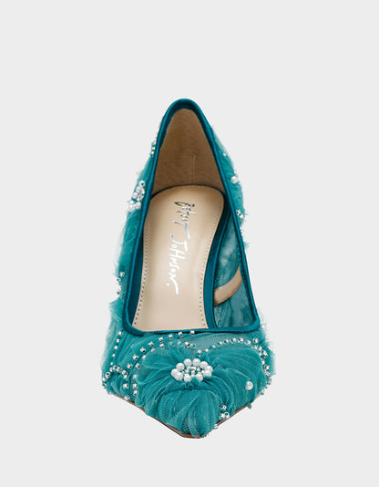 Betsey Johnson Latest | ROXIE EMERALD Pointed-Toe Mesh Stiletto Pump Women's Heel