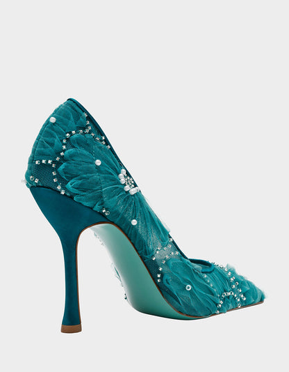 Betsey Johnson Latest | ROXIE EMERALD Pointed-Toe Mesh Stiletto Pump Women's Heel