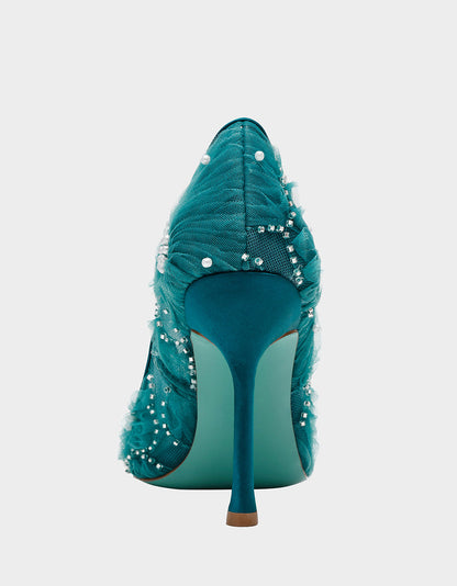 Betsey Johnson Latest | ROXIE EMERALD Pointed-Toe Mesh Stiletto Pump Women's Heel