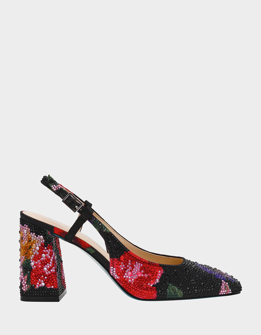 Betsey Johnson Discount | ELIAS BLACK MULTI FLORAL Square-Toe Slingback Women's Block Heel