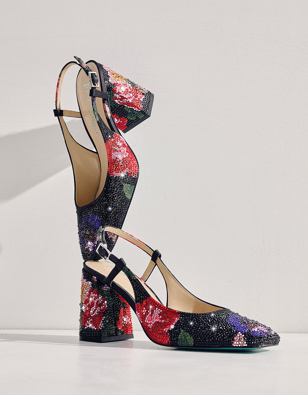 Betsey Johnson Discount | ELIAS BLACK MULTI FLORAL Square-Toe Slingback Women's Block Heel