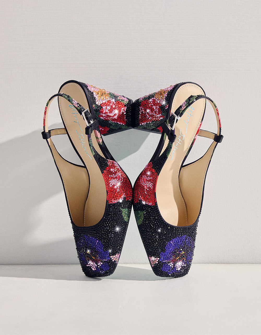 Betsey Johnson Discount | ELIAS BLACK MULTI FLORAL Square-Toe Slingback Women's Block Heel