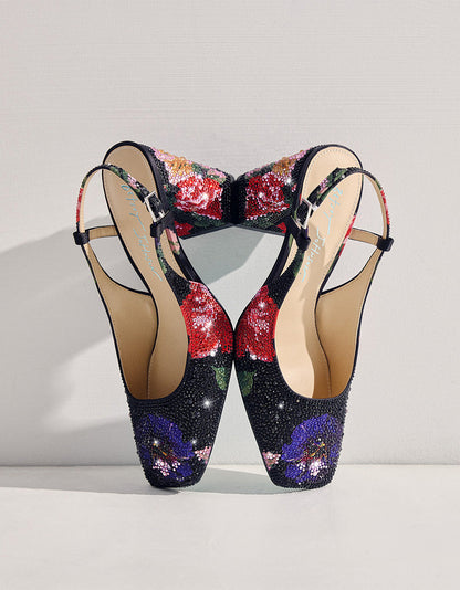 Betsey Johnson Discount | ELIAS BLACK MULTI FLORAL Square-Toe Slingback Women's Block Heel