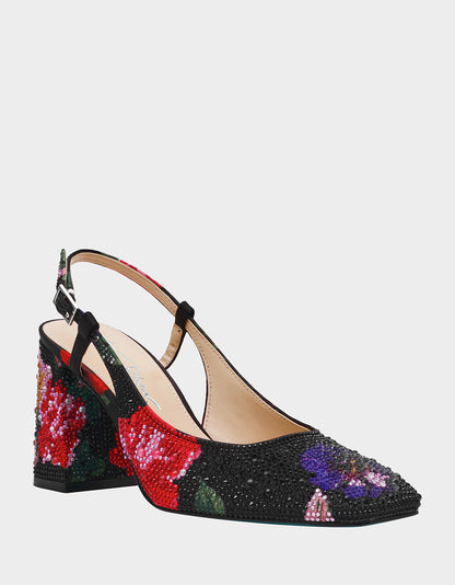 Betsey Johnson Discount | ELIAS BLACK MULTI FLORAL Square-Toe Slingback Women's Block Heel