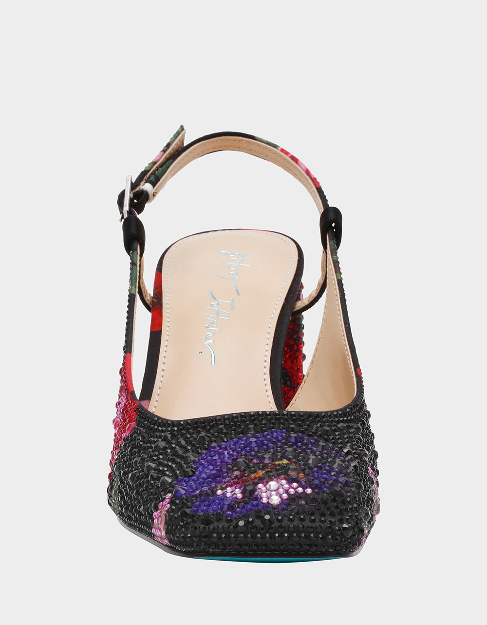 Betsey Johnson Discount | ELIAS BLACK MULTI FLORAL Square-Toe Slingback Women's Block Heel