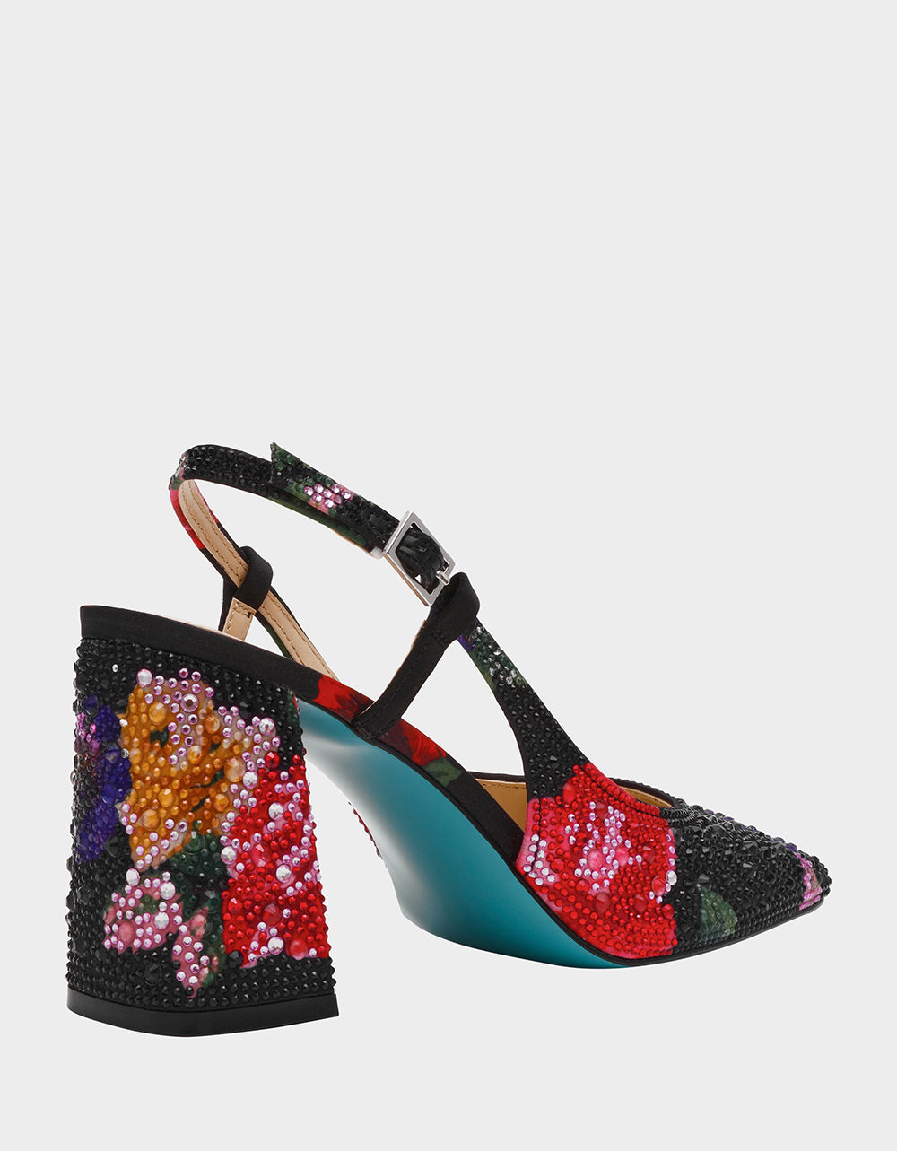 Betsey Johnson Discount | ELIAS BLACK MULTI FLORAL Square-Toe Slingback Women's Block Heel