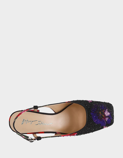 Betsey Johnson Discount | ELIAS BLACK MULTI FLORAL Square-Toe Slingback Women's Block Heel