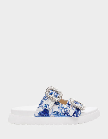 Betsey Johnson Signature | MATIE WHITE BLUE FLORAL Women's Footbed Slip-On Floral Rhinestone Sandal