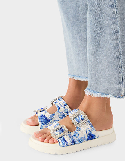 Betsey Johnson Signature | MATIE WHITE BLUE FLORAL Women's Footbed Slip-On Floral Rhinestone Sandal