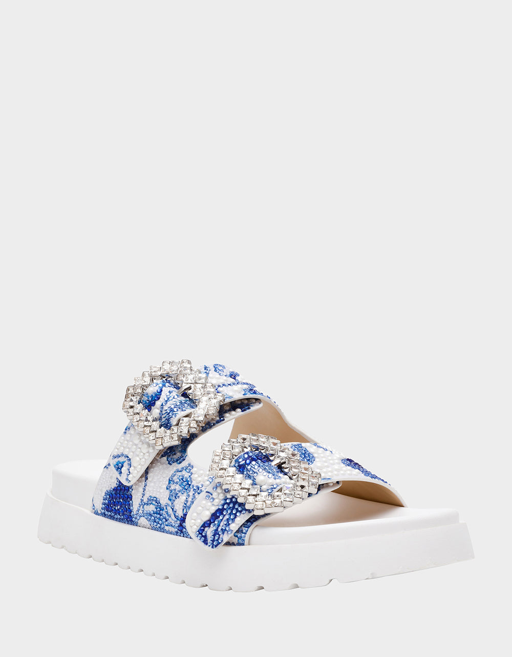 Betsey Johnson Signature | MATIE WHITE BLUE FLORAL Women's Footbed Slip-On Floral Rhinestone Sandal