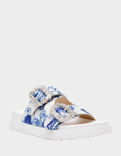 Betsey Johnson Signature | MATIE WHITE BLUE FLORAL Women's Footbed Slip-On Floral Rhinestone Sandal