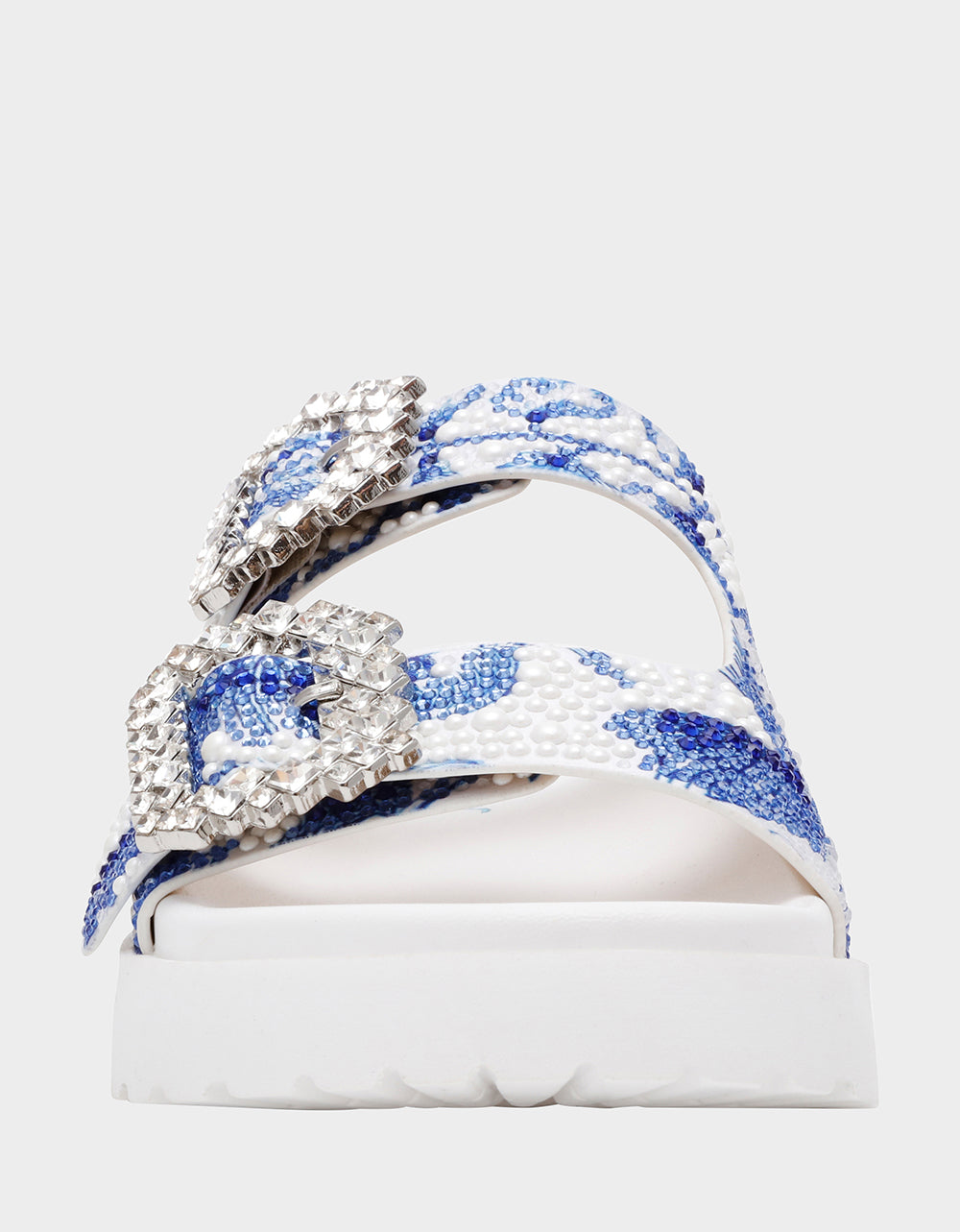 Betsey Johnson Signature | MATIE WHITE BLUE FLORAL Women's Footbed Slip-On Floral Rhinestone Sandal
