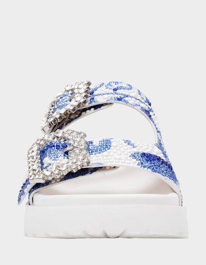 Betsey Johnson Signature | MATIE WHITE BLUE FLORAL Women's Footbed Slip-On Floral Rhinestone Sandal