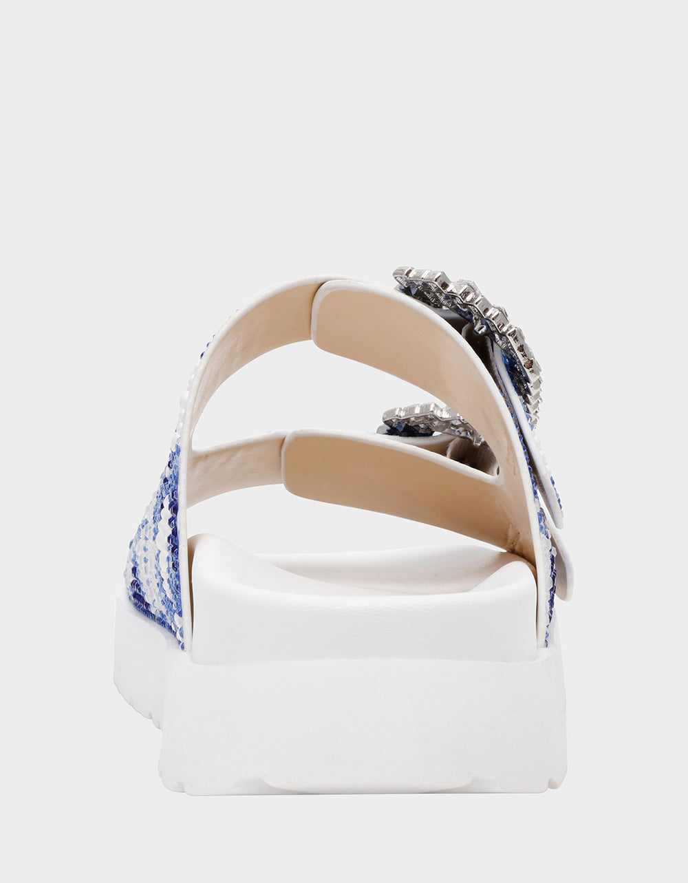 Betsey Johnson Signature | MATIE WHITE BLUE FLORAL Women's Footbed Slip-On Floral Rhinestone Sandal