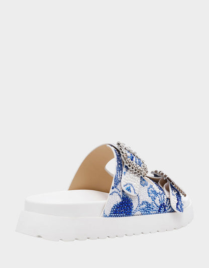 Betsey Johnson Signature | MATIE WHITE BLUE FLORAL Women's Footbed Slip-On Floral Rhinestone Sandal