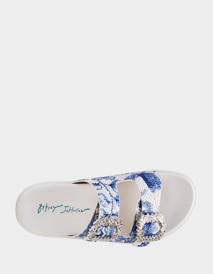 Betsey Johnson Signature | MATIE WHITE BLUE FLORAL Women's Footbed Slip-On Floral Rhinestone Sandal