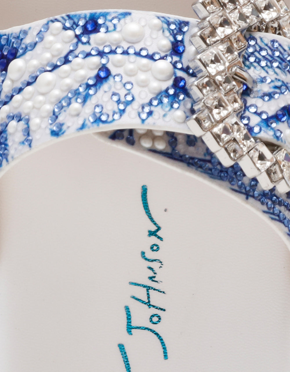 Betsey Johnson Signature | MATIE WHITE BLUE FLORAL Women's Footbed Slip-On Floral Rhinestone Sandal