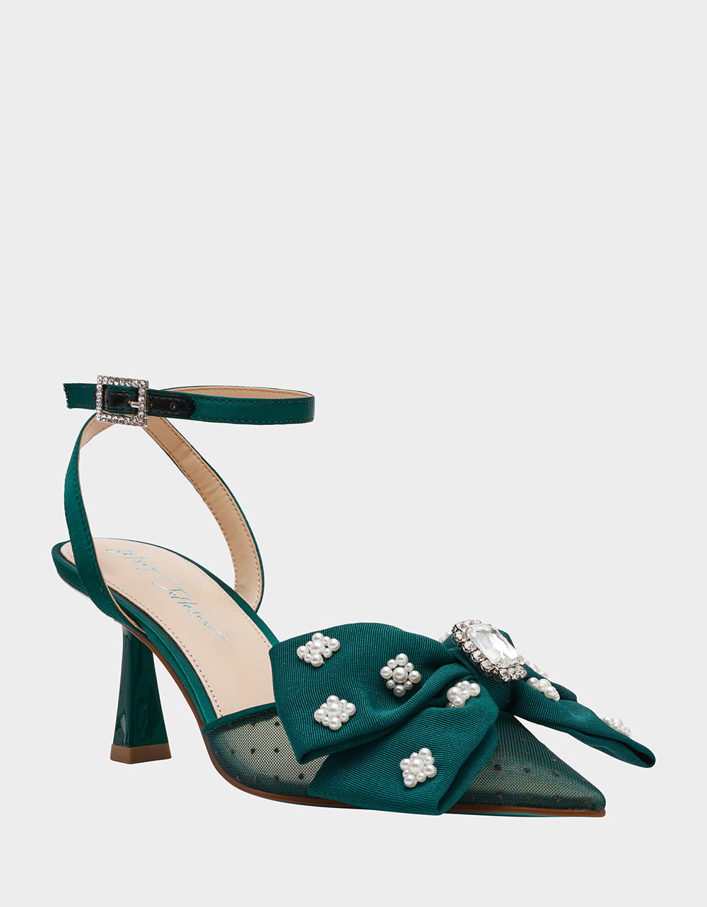 Betsey Johnson Trusted | MARK EMERALD Pointed-Toe Mesh Pump Rhinestone Bow Women's Heel