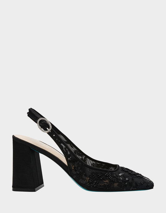 Betsey Johnson Premium | NINAH BLACK Square-Toe Slingback Mesh Block Heels