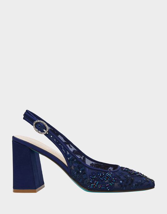 Betsey Johnson Best Seller | NINAH NAVY Square-Toe Slingback Mesh Block Heels