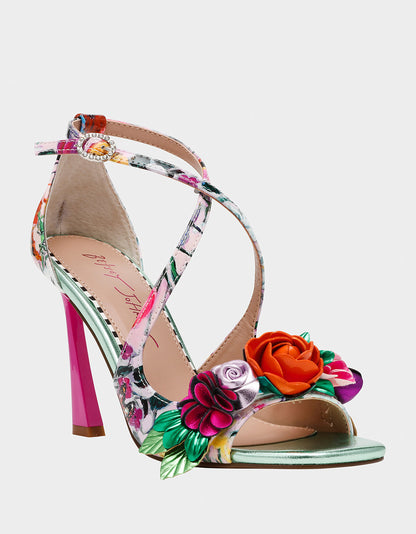 Betsey Johnson Latest | MIKAH PALE PINK FLORAL Square-Toe Strappy Heel
