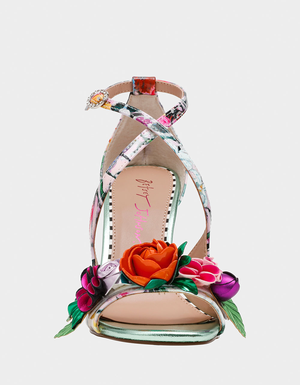 Betsey Johnson Latest | MIKAH PALE PINK FLORAL Square-Toe Strappy Heel