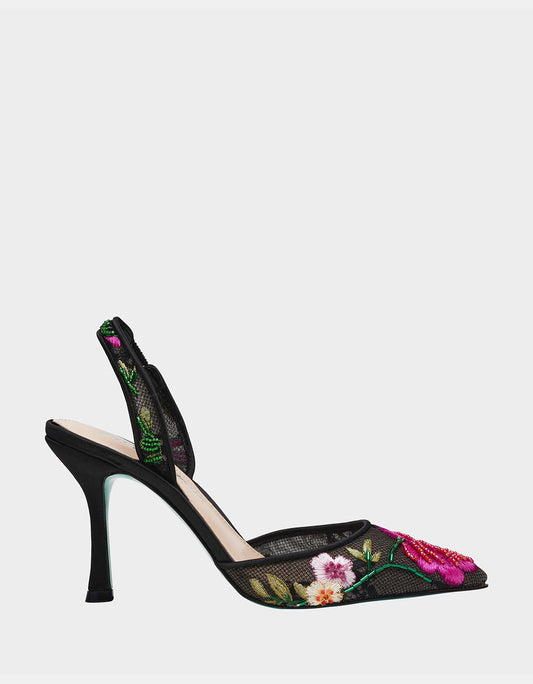 Betsey Johnson Popular | APRIL BLACK MULTI FLORAL Pointed-Toe Slingback Pump Heels