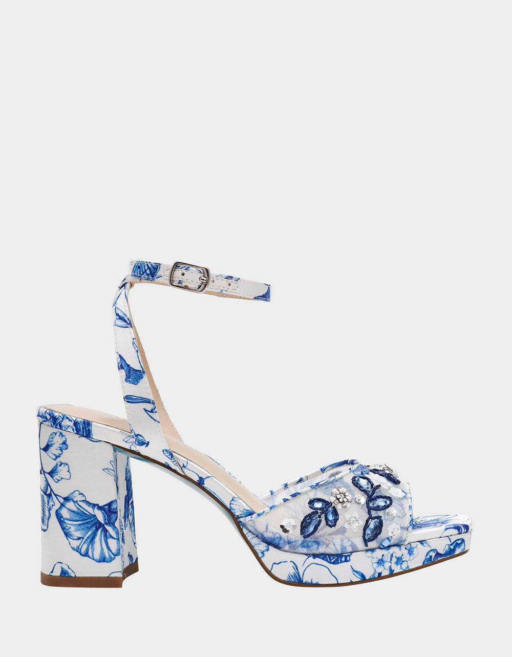 Betsey Johnson Sale | BRODY WHITE/BLUE FLORAL Women's Platform Block Floral Heel with Beaded Embellishments