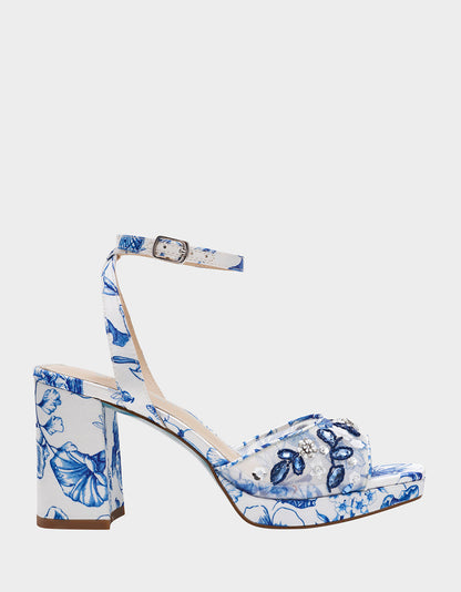 Betsey Johnson Sale | BRODY WHITE/BLUE FLORAL Women's Platform Block Floral Heel with Beaded Embellishments