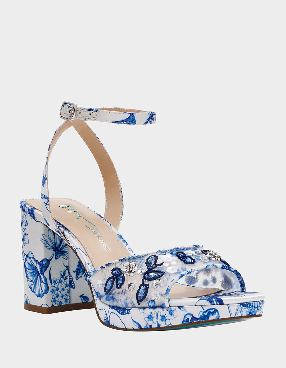 Betsey Johnson Sale | BRODY WHITE/BLUE FLORAL Women's Platform Block Floral Heel with Beaded Embellishments