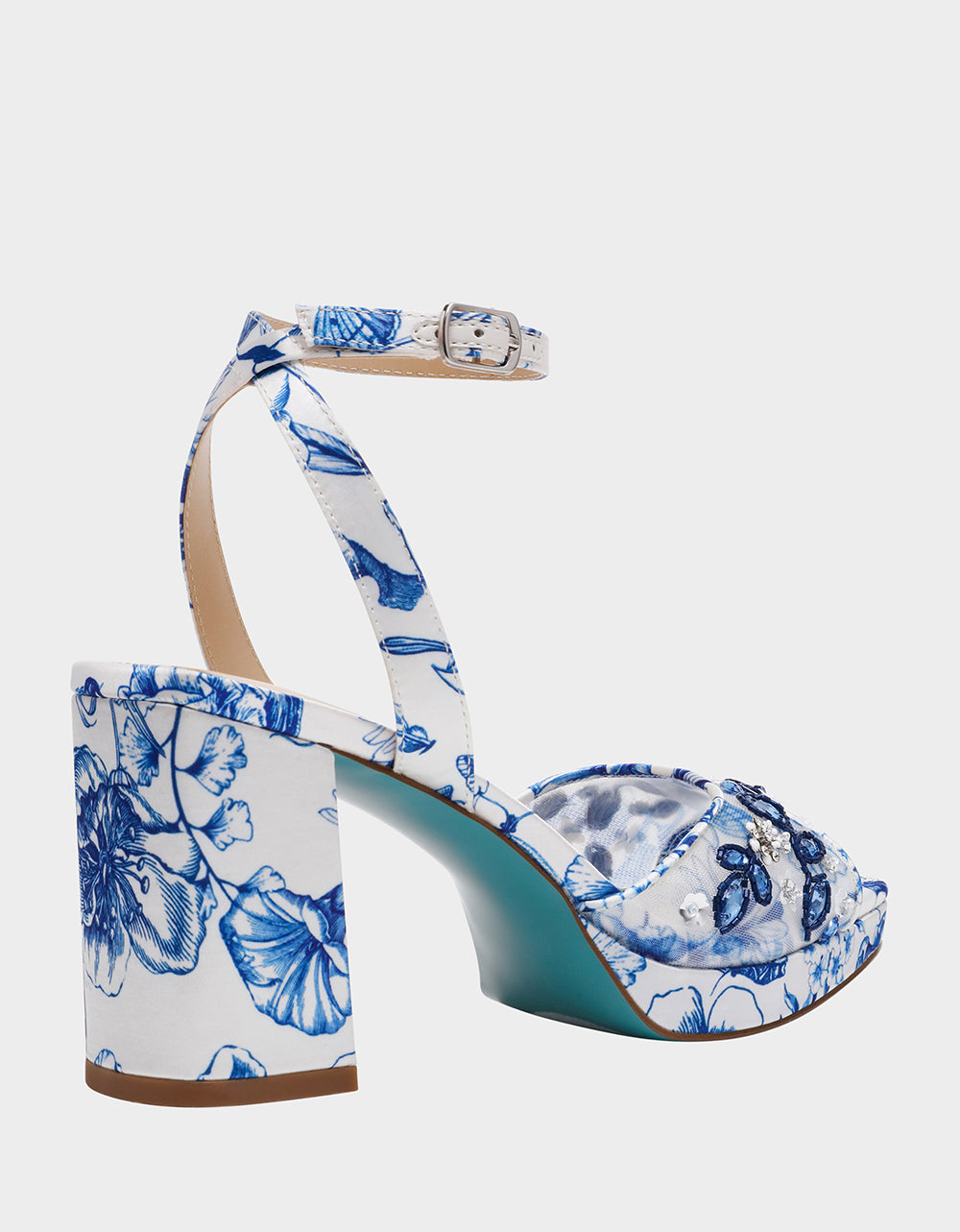 Betsey Johnson Sale | BRODY WHITE/BLUE FLORAL Women's Platform Block Floral Heel with Beaded Embellishments
