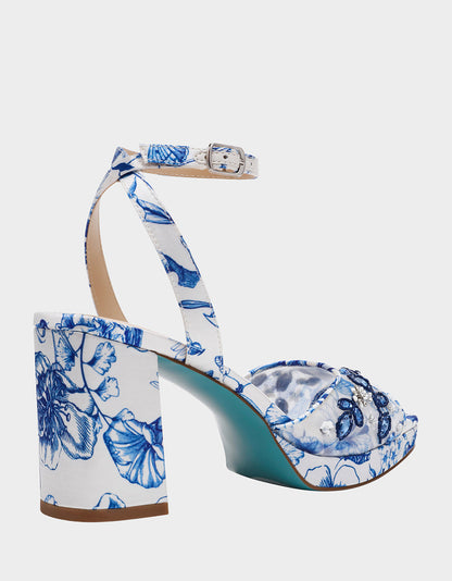 Betsey Johnson Sale | BRODY WHITE/BLUE FLORAL Women's Platform Block Floral Heel with Beaded Embellishments