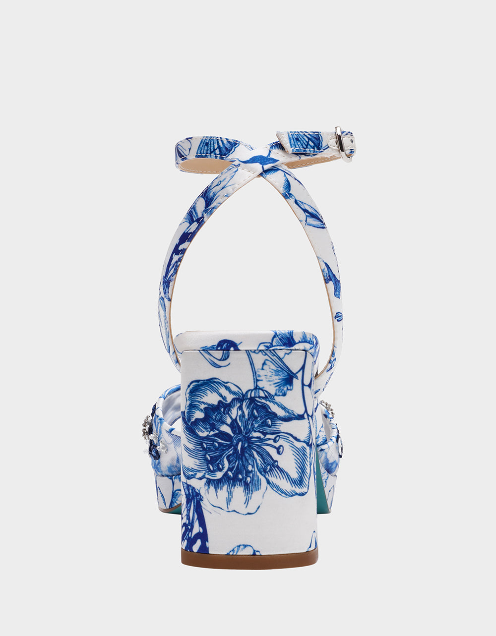 Betsey Johnson Sale | BRODY WHITE/BLUE FLORAL Women's Platform Block Floral Heel with Beaded Embellishments