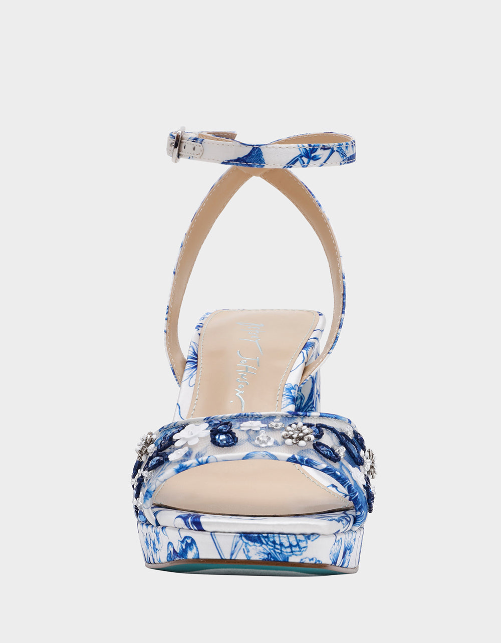 Betsey Johnson Sale | BRODY WHITE/BLUE FLORAL Women's Platform Block Floral Heel with Beaded Embellishments