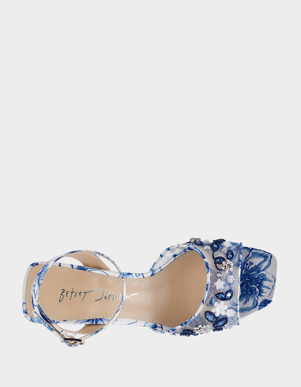 Betsey Johnson Sale | BRODY WHITE/BLUE FLORAL Women's Platform Block Floral Heel with Beaded Embellishments