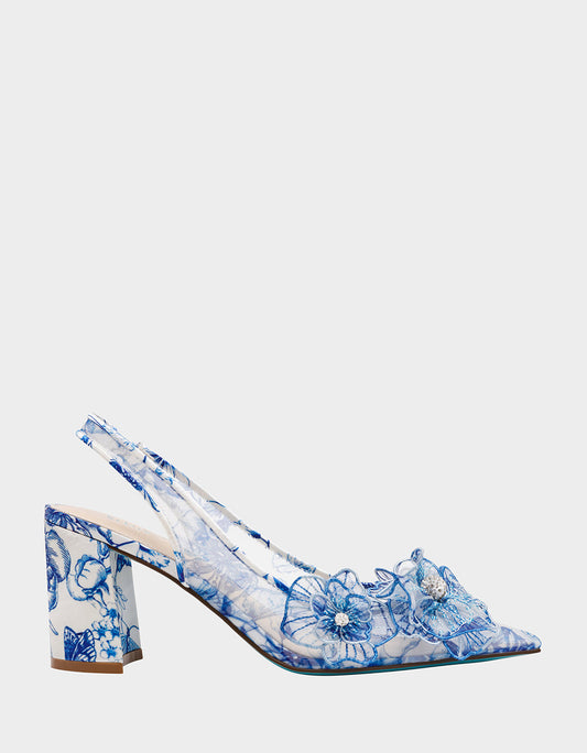 Betsey Johnson New | PETRA WHITE/BLUE FLORAL Slingback Floral Mesh Block Heel
