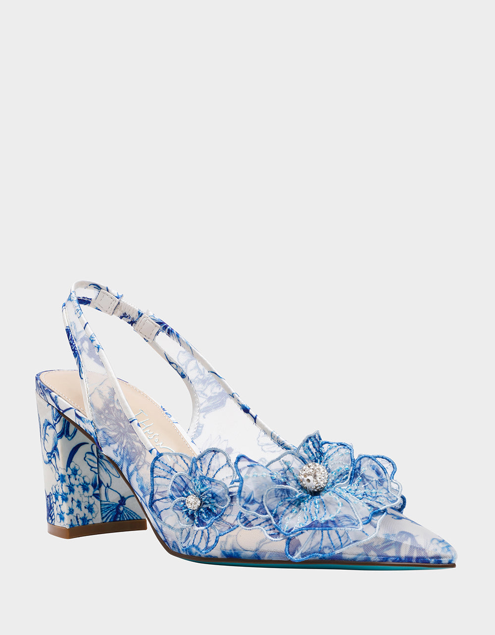 Betsey Johnson New | PETRA WHITE/BLUE FLORAL Slingback Floral Mesh Block Heel