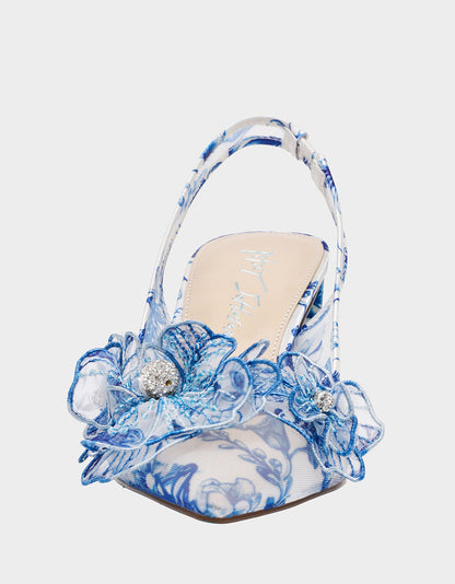 Betsey Johnson New | PETRA WHITE/BLUE FLORAL Slingback Floral Mesh Block Heel