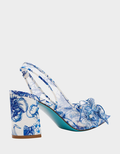 Betsey Johnson New | PETRA WHITE/BLUE FLORAL Slingback Floral Mesh Block Heel