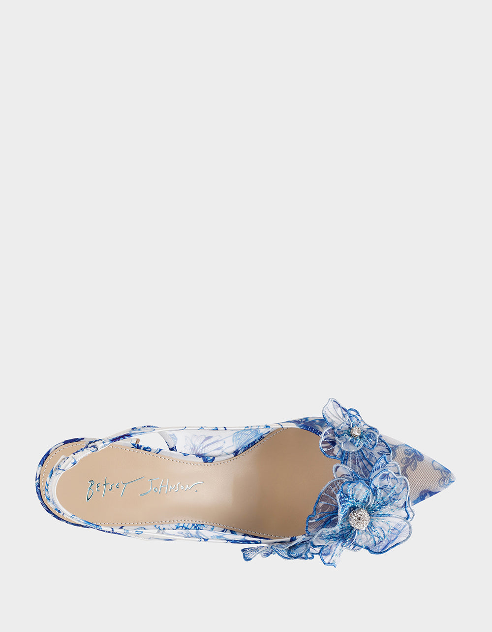 Betsey Johnson New | PETRA WHITE/BLUE FLORAL Slingback Floral Mesh Block Heel