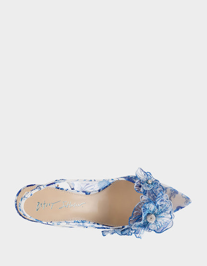 Betsey Johnson New | PETRA WHITE/BLUE FLORAL Slingback Floral Mesh Block Heel