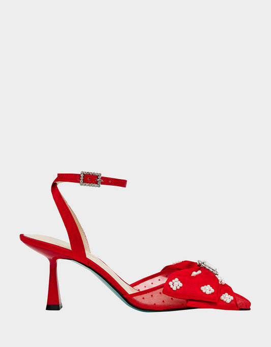 Betsey Johnson New | MARK RED Pointed-Toe Mesh Pump Rhinestone Bow Women's Heel