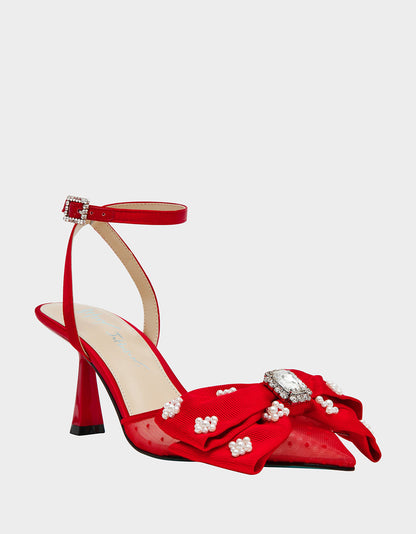 Betsey Johnson New | MARK RED Pointed-Toe Mesh Pump Rhinestone Bow Women's Heel