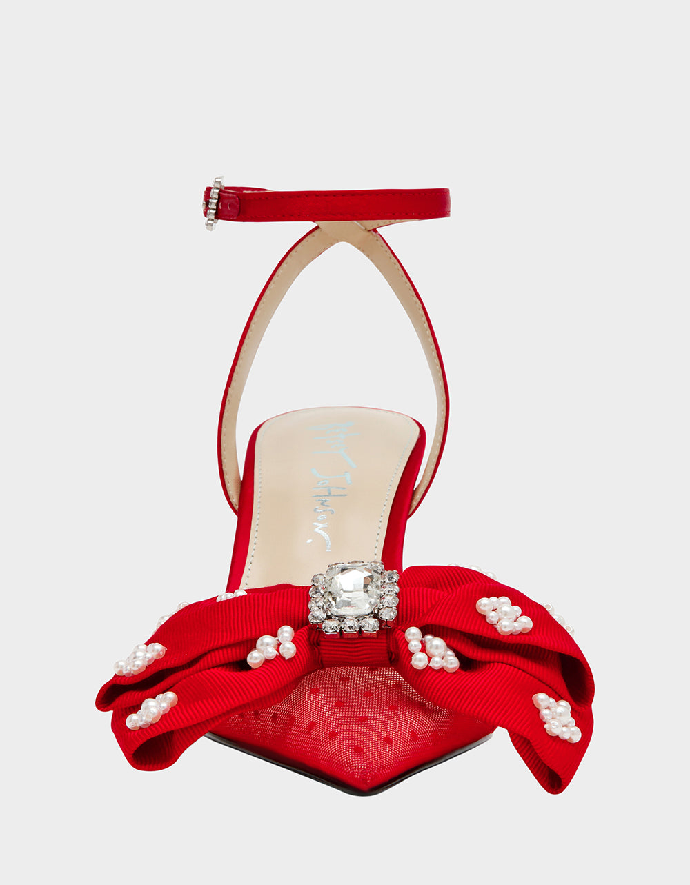Betsey Johnson New | MARK RED Pointed-Toe Mesh Pump Rhinestone Bow Women's Heel