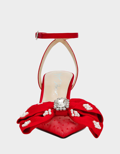 Betsey Johnson New | MARK RED Pointed-Toe Mesh Pump Rhinestone Bow Women's Heel