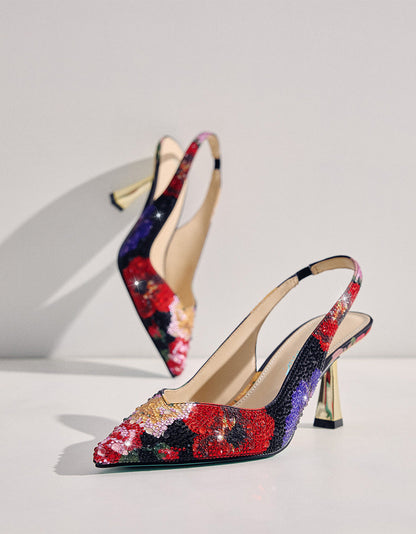 Betsey Johnson Special Offer | CLARK HEELS BLACK FLOWER MULTI Slingback Women's Kitten Heel