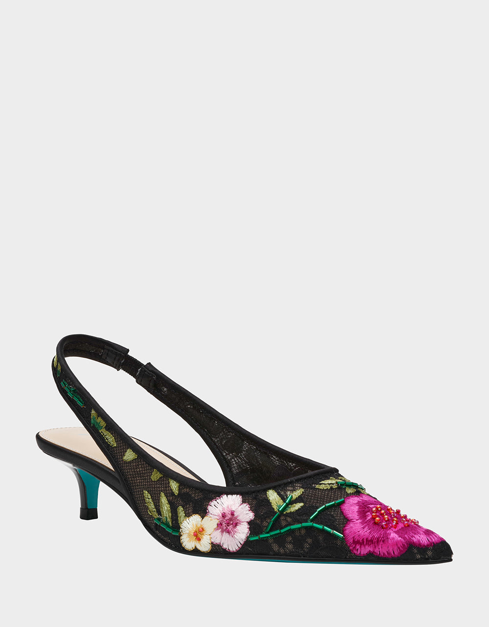 Betsey Johnson Smart Buy | FELIX BLACK MULTI FLORAL Pointed-Toe Slingback Pump Kitten Heel