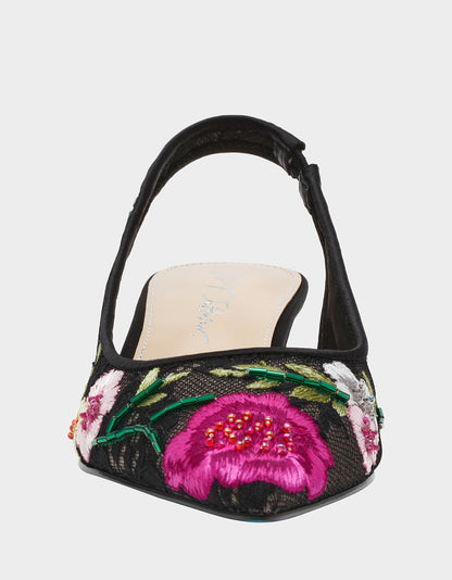 Betsey Johnson Smart Buy | FELIX BLACK MULTI FLORAL Pointed-Toe Slingback Pump Kitten Heel