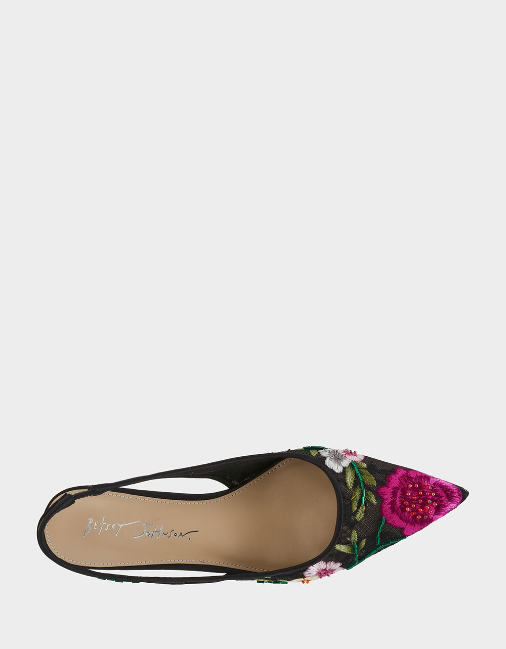 Betsey Johnson Smart Buy | FELIX BLACK MULTI FLORAL Pointed-Toe Slingback Pump Kitten Heel